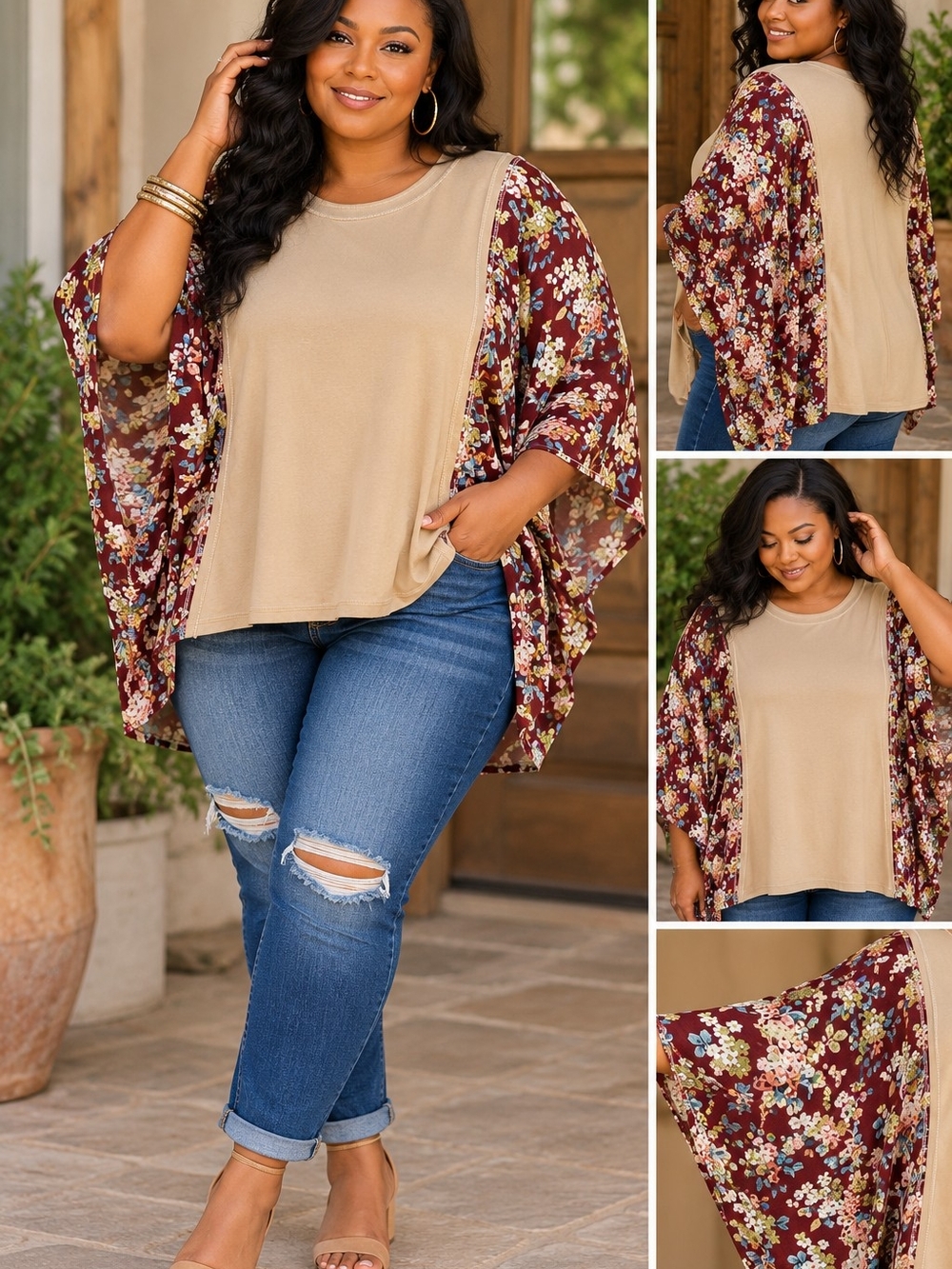 ODDI NWT Boho Floral Batwing Sleeve Colorblock Top Oversized Dolman Blouse